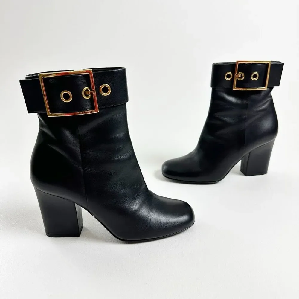 GUCCI Kesha Buckle Ankle Boots 36.5 US 6.5 Black Smooth Leather Heeled Booties - Picture 9 of 13